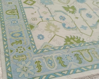 Handgeknüpfter Oushak-Teppich aus Wolle | Blau & Grüner Vintage Türkischer Teppich | Oushak Teppich | Antiker blauer beige Teppich 20x30 20x30 Teppich