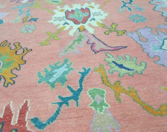 Pink Oushak Rug, Hand-Knotted Wool Rug, Floral Turkish Carpet