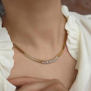 Gold Crystal Gemstones Choker Double Chain Necklace | Tennis Bracelet Set CZ Crystal Ruby Pink Wavy Design Unique Jewelry WATERPROOF