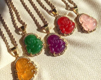 18k Gold Jade Buddha Necklace Laughing Buddha Buddhism Pendant Necklace Earrings Jewelry for Unisex Stainless Steel Crystal Charm