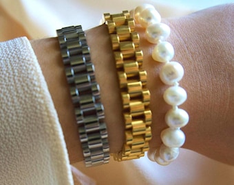 18K Gold Watch Link Chain Bracelet Steel Chain Bracelet For Women Stack Chain Bracelet Pearl Watch Bracelet Christmas gift for Women Her