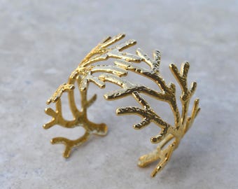 Gold Coral Branch Cuff Bracelet · Adjustable Statement Jewelry · Ocean Inspired Open Bangle · Unique Nature Jewelry Gift for Her