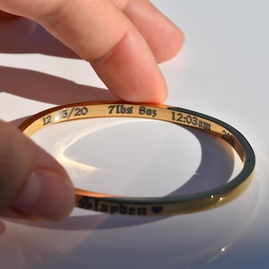 18k Gold Bangle Bracelet with Engraving – Personalized Jewelry, Custom Quote Birthdate Gift Newborn Stats Keepsake Birth Height Weight Name