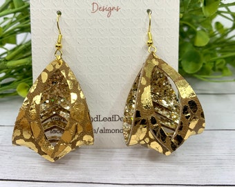 Gold Metallic Leopard Earrings with Gold Glitter Backing, genuine leather, Lightweight, New Years Eve and Holiday Earrings, Glam and Glitter