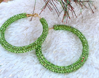 Christmas Hoop Earrings with Iridescent Green Shimmer, Stainless Steel, Lever Back. Choose from 3 sizes : 30, 40, or 50 mm. Hypoallergenic