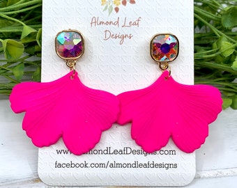 Neon Pink Ginkgo Leaf Earrings w/ Iridescent Stud Topper. Classic Minimalist Style. Hypoallergenic, Shabby Chic, Summer Jewelry Gift For Her