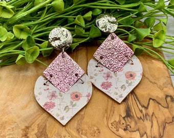 Pink Shimmer Earrings with Shabby Chic Floral Design and Silver Toned Stud Topper. Barbie earrings. Very lightweight with a glam style.