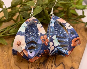 Fall Floral Earrings - Double Sided on Leather with a Glitter Backing. Lightweight in colors of blue, pink, and tan. Hypoallergenic Hook