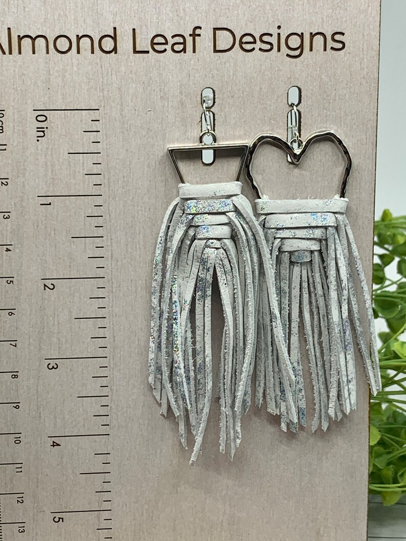 Southwestern Fringe Leather Earrings, Iridescent Metallic Highlights on Suede Cowhide Leather. Lightweight, Hypoallergenic Hook, Western image 3