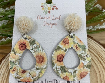 Sunflower Leather Earrings, Perfect for Spring, Summer, or Fall. Teardrop Shape. Lacy Pouf Stud Topper is hypoallergenic.