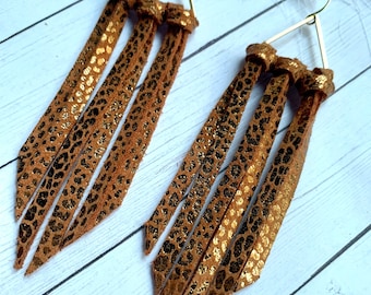 Boho Western Weaved Fringe Earrings Made From Brown and Gold Leopard Print on Leather, Lightweight, Hypoallergenic Hook, Triangle Topper.