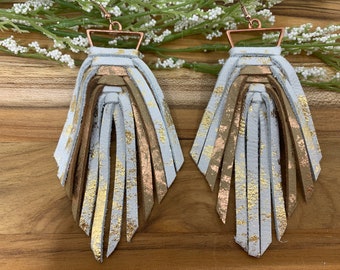 Boho Weaved Fringe Shimmer Leather Earrings with Gold and Tan/Beige Highlights, Lightweight, Hypoallergenic Hook Style