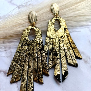 Fringe Leather Earrings in Gold Shimmer on Black Leather, Gold-Toned Stud Topper. Hypoallergenic. New Years Eve or Glam Gift for Her.