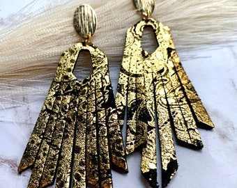 Fringe Leather Earrings in Gold Shimmer on Black Leather, Gold-Toned Stud Topper. Hypoallergenic. New Years Eve or Glam Gift for Her.