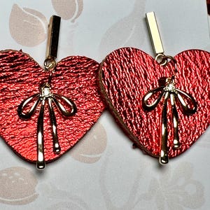 Red Heart Earrings in Shimmery Leather, Gold Stud Post, Bow Charm & Glitter Back – Perfect Valentine’s Day Gift for Her! Hypoallergenic