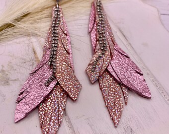 Pink and Silver Shimmer Fringe Leather Earrings With rhinestone chain charm and rhinestone glittery stud post. Hypoallergenic stud.