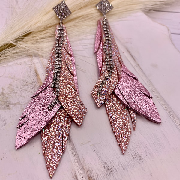 Pink and Silver Shimmer Fringe Leather Earrings With rhinestone chain charm and rhinestone glittery stud post. Hypoallergenic stud.