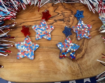 Pendientes colgantes patrióticos de 250 estrellas de Estados Unidos, acrílico rojo, blanco y azul.