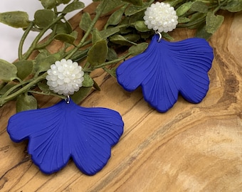 Royal Blue Ginkgo Leaf Earrings with White Seed Bead Stud Topper. Classic Minimalist Style. Hypoallergenic, Shabby Chic, Summer Jewelry