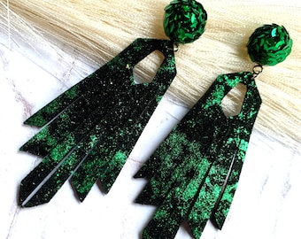 Fringe Leather Earrings in Green Shimmer on Black Leather with Green Sequin Stud Topper. Hypoallergenic. NYE Gift for Her.