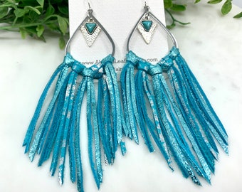 Silver and Turquoise Fringe Leather Earrings. Turquoise Charm. Southwestern Cowgirl. Lightweight, Hypoallergenic Hook Style