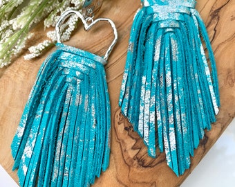 Boho Southwestern Weaved Fringe Leather Earrings, Turquoise with Silver Highlights, Lightweight, Hypoallergenic Post Stud, Western Style