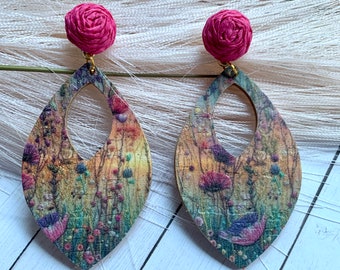 Embroidered Magical Gardens Leather Earrings w/ Dark Pink Raffia Woven Post Stud. Boho  Style. Cork backing for stability. Lightweight.