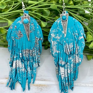 Four Layers of Silver & Turquoise Fringe Leather Earrings. Turquoise Charm. Southwestern Cowgirl. Lightweight, Hypoallergenic Hook Style