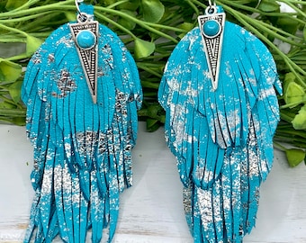 Four Layers of Silver & Turquoise Fringe Leather Earrings. Turquoise Charm. Southwestern Cowgirl. Lightweight, Hypoallergenic Hook Style