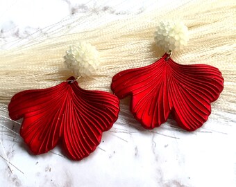 Red Christmas Ginkgo Leaf Earrings w/ White Seed Bead Stud Topper. Classic Minimalist Style. Hypoallergenic, Christmas Jewelry Gift For Her