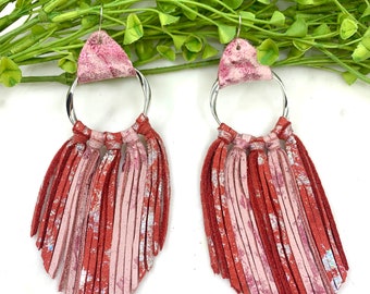 Boho Southwestern Weaved Fringe Leather Earrings, Shimmery Pink Metallic, Lightweight, Hypoallergenic Hook Style, Western Style