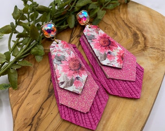 Leather Earrings with Three Layers of Fringe Boho Style, Hypoallergenic with Iridescent Shimmery Stud, Barbie-Inspired Colors Summer Jewelry