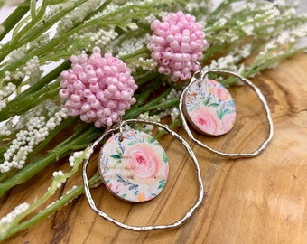 Pink and Silver Dangle Earrings with Circle Shape Pink Seed Bead Topper Attached to Stud. Studs are Stainless Steel hypoallergenic.