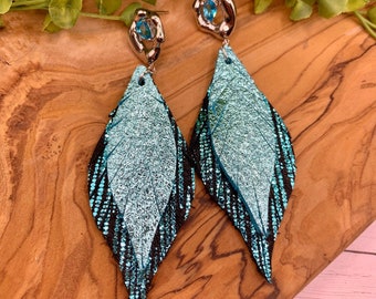 Turquoise and Blue Leather Earrings with two shimmer layers. Gorgeous Stud Topper w/ 14K Silver Blue Cubic Zirconia n Nickel Free Earrings,