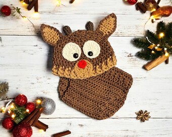 Reindeer Costume Baby — Crocheted Reindeer Hat Newborn Christmas Photoshoot Outfit Baby Reindeer Photography Prop Holiday Hat