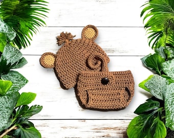 Newborn Monkey Costume – Crochet Baby Halloween Outfit, Handmade Monkey Diaper Cover, Cute Newborn Animal Photography Prop