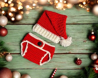 Roupa de crochê para recém-nascido de Natal para menino – Roupa de crochê para recém-nascido, acessório para fotografia de bebê no inverno, roupa de Papai Noel para bebê feita à mão