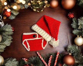 Conjunto de crochê com gorro e roupinha de Papai Noel para recém-nascidos, ideal para meninos. Perfeito para fotos de Natal. Ideal para fotos do primeiro Natal do bebê.