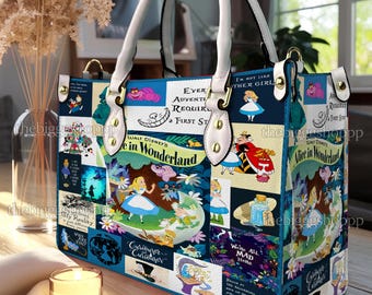 Bolso de cuero personalizado de Alicia en el País de las Maravillas, bolso de hombro para mujer de Alicia en el País de las Maravillas, bolso bandolera vintage navideño, bolso con asa superior