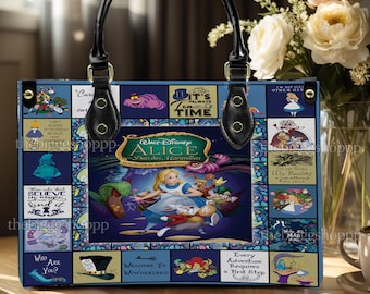 Bolso de cuero personalizado de Alicia en el País de las Maravillas, bolso de hombro para mujer de Alicia en el País de las Maravillas, bolso bandolera vintage navideño, bolso con asa superior