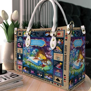 Bolso de cuero personalizado de Alicia en el País de las Maravillas, bolso de hombro para mujer de Alicia en el País de las Maravillas, bolso bandolera vintage navideño, bolso con asa superior