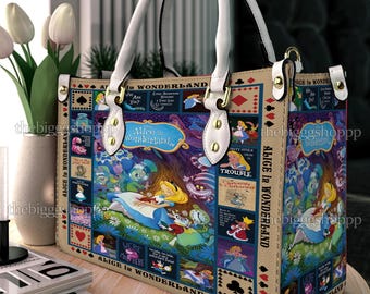 Bolso de cuero personalizado de Alicia en el País de las Maravillas, bolso de hombro para mujer de Alicia en el País de las Maravillas, bolso bandolera vintage navideño, bolso con asa superior