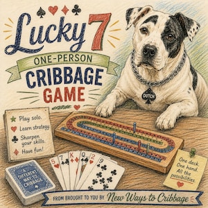 May include: A coloured pencil illustration of a one-person cribbage game featuring a dog with a tag labelled Dutch, a wooden cribbage board with pegs, a hand of five playing cards, and instructional text including Lucky 7 and New Ways to Cribbage.