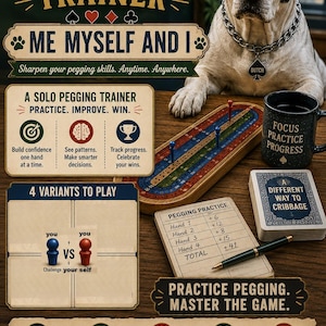 Peut inclure: Un jeu de cribbage en solitaire comprenant un plateau en bois avec des pions colorés, une tasse noire avec le texte Focus Practice Progress, un jeu de cartes A Different Way To Cribbage, un stylo et une feuille de score sur une surface sombre.
