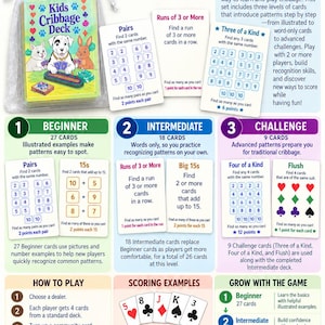 Pode incluir: Um conjunto de jogo de cartas Kids Cribbage com um baralho num saco branco com cordão, cartões de instruções para níveis principiante, intermédio e desafio, exemplos de pontuação e guias de jogo. Inclui cartões ilustrados para reconhecimento.