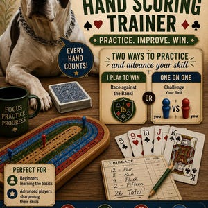 May include: A One Player Cribbage Hand Scoring Trainer instructional poster featuring a dog, a wooden cribbage board with pegs, a deck of cards, a green mug, and a score pad. The text includes "Every hand counts!", "Two ways to practice", and "Cribbage".