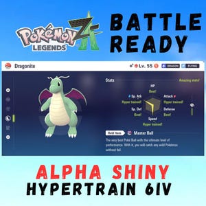 Peut inclure: Graphique numérique du jeu Pokémon Legends avec un personnage Dragonite. L'image comprend le texte "BATTLE READY" et "ALPHA SHINY HYPERTRAIN 6IV". Le Dragonite est vert clair avec des ailes violettes.