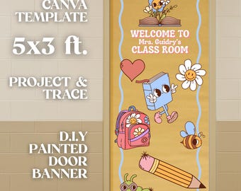 Plantilla de pancarta para puerta de profesor de inglés: decoración para el aula (diseño editable en Canva, 1,5 x 0,9 m)