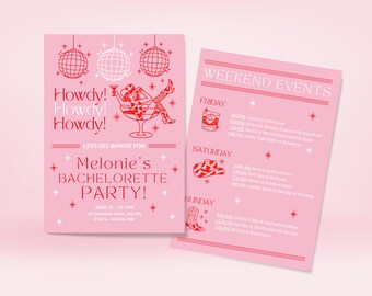 Invitación vaquera disco del oeste + itinerario: Plantilla editable para despedida de soltera