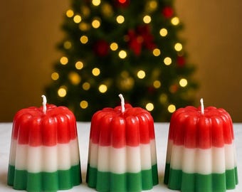 set of 3 - Handmade Christmas Layered Candles, Holiday Jelly Shape, Red White Green